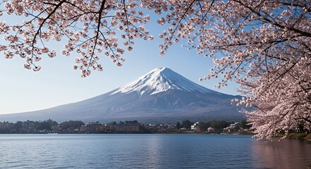 Stunning Fuji Mountain with Cherry Blossoms and Lake Scenery