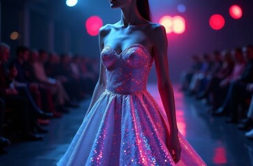 Fashion model showcases a shimmering gown on the runway during a night fashion event in a vibrant urban venue