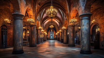 Fototapeta premium Majestic Gothic Church Interior, Empty Hallway, Vintage Chandeliers, Architectural Detail
