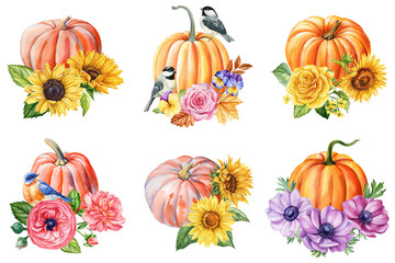 pumpkins set with sunflower watercolor autumn floral composition hand painted thanksgiving clipart orange pumpkin leaves