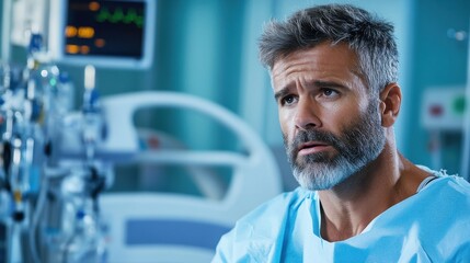 Concerned Man in Hospital Gown with Medical Equipment Nearby