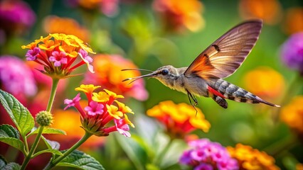Obraz premium Vibrant Floral Embrace: A stunning hummingbird hawk-moth hovers gracefully amidst a riot of colorful flowers, captured in exquisite detail, showcasing nature's delicate beauty.