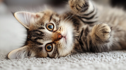A playful kitten lying on a soft surface, showcasing its curious expression and playful nature.