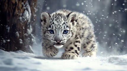 Obraz premium Adorable snow leopard cub displays playful behavior.