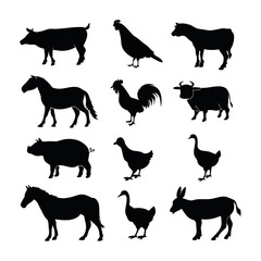 Set of 12 farm animal silhouettes vector