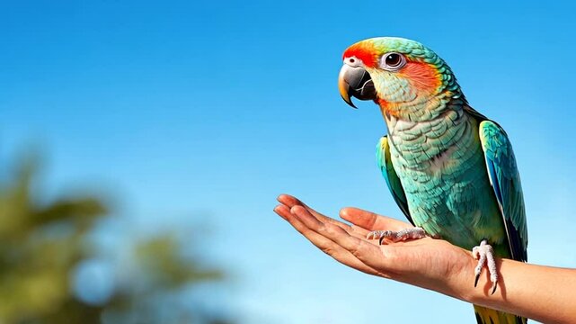 Colorful parrot perched on a person's hand against a clear blue sky with blurred greenery