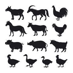 Obraz premium Set of 12 farm animal silhouettes vector