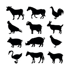 Obraz premium Set of 12 farm animal silhouettes vector