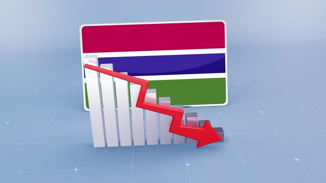 Gambia Country Flag and Bar Chart Graph Showing Decreasing Values a Red Arrow Economic Crisis Concept. Flag of the Gambia