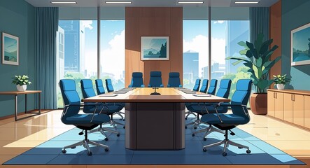 Modern meeting room with conference table and chairs anime cartoon style illustration artwork design background
