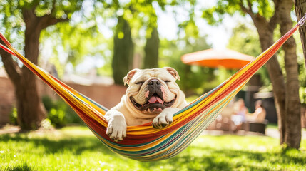 A relaxed dog lounging in a colorful hammock under trees in a sunny backyard.