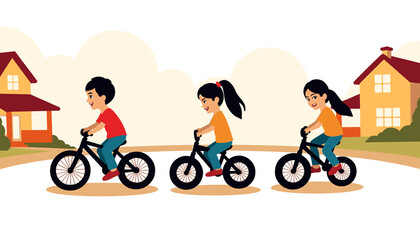 Obraz premium Children cycling joyfully in suburban neighborhood