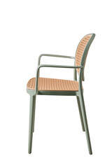 Modern black wooden armchair with woven rattan cane seat and backrest, stylish vintage-inspired furniture design isolated on white and transparent background.