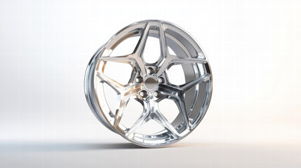 Obraz premium Chrome Wheel: A close-up studio shot of a pristine chrome wheel, showcasing intricate design and impeccable shine, set against a simple backdrop