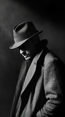 Monochrome portrait of a sophisticated man in a fedora and overcoat