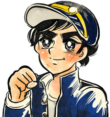 昭和のスポコン少年漫画風ガッツポーズをするヤンキー中学生のポートレートカラーイラスト