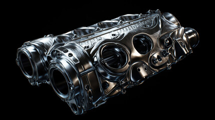 Engine Block Design: Highlighting the intricate details of a gleaming metallic engine block, a symbol of industrial design and engineering marvel against the darkness.