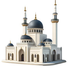 Obraz premium A detailed architectural rendering of a white mosque with blue domes and tall minarets on black background