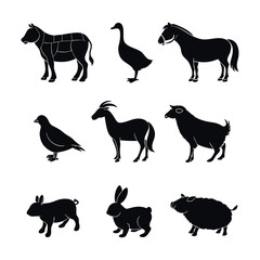 Obraz premium Set of 9 farm animal silhouettes vector