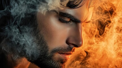 Fototapeta premium Intense Portrait of a Serious Man Surrounded by Smoke and Light