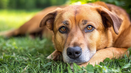 A relaxed dog resting on the grass, enjoying a sunny day outdoors.