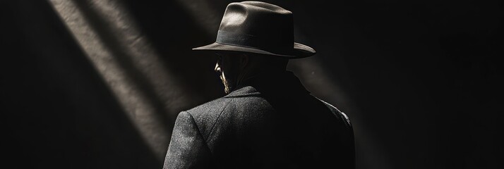 Mysterious figure in shadows, wearing fedora with evocative lighting