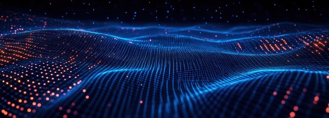 Futuristic Digital Landscape with Glowing Gridlines and Abstract Network Connections