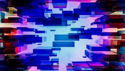 Abstract 3D render of colorful geometric shapes and reflections