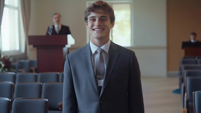 Young happy politician smiling during a press conference, standing in a congress hall with another politician speaking at the lectern in the background