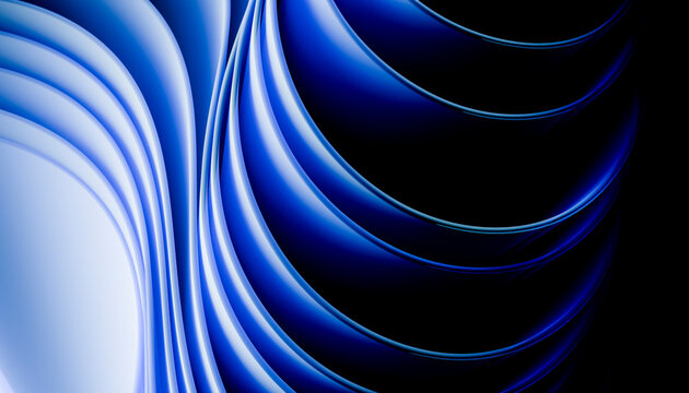 Abstract 3D render with blue geometric shapes and smooth curves