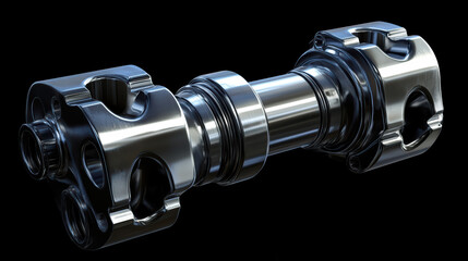 Metallic Engineering Marvel: A detailed, photorealistic rendering of a polished, industrial metallic component, showcasing precision engineering and technological design against a dark backdrop.