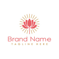 Lotus flower yoga logo design vector with sun light