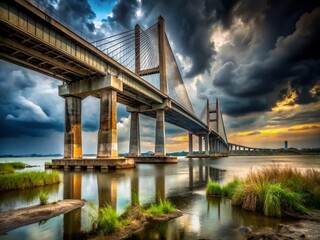 Naklejka premium Spectacular Bridge Vista: A majestic bridge gracefully spans across a tranquil body of water, its impressive structure silhouetted against a dramatic skyscape.