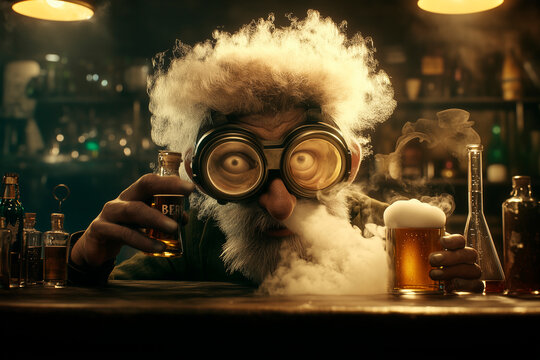 A mad scientist inventі beer, pouring beer into a beaker labeled ‘Liquid Genius,’ wearing safety goggles while steam rises from his beer glass as if it’s a chemical reaction
