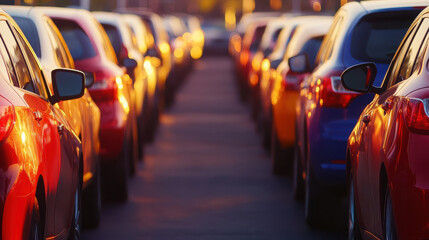 A row of parked cars reflecting sunset hues in a parking lot.