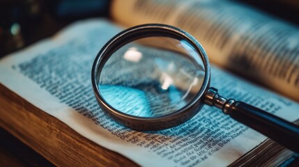 A magnifying glass rests on an open book, enlarging and highlighting the printed text beneath it
