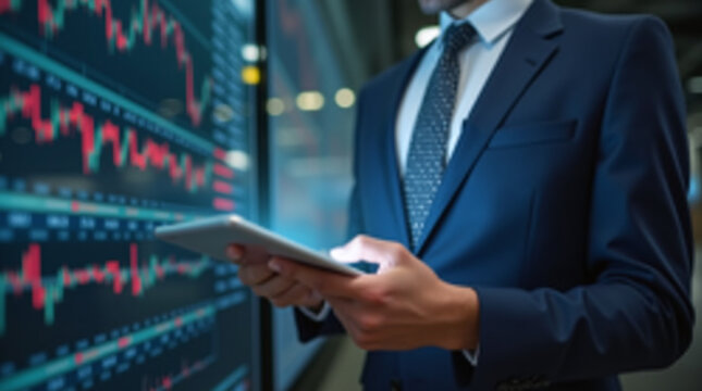 Businessperson reviewing stock market trends on a digital tablet