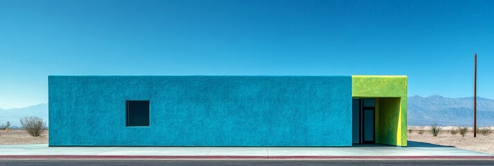 Colorful building with blue and green exterior under a clear