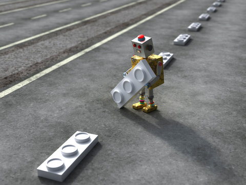 3D rendering of a toy robot working with plastic bricks on a road