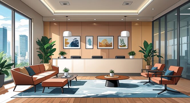 Office reception area with sleek furniture and contemporary decor anime cartoon style illustration artwork design background