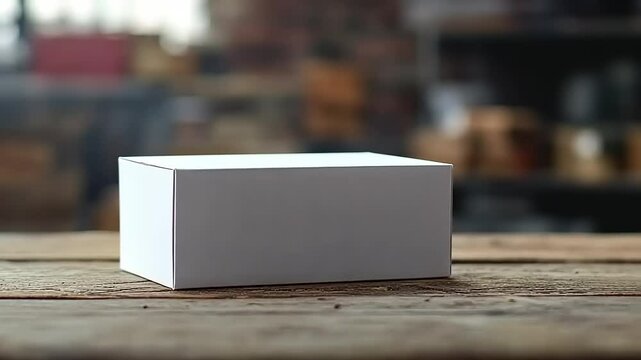 A plain white box placed on a wooden table in a rustic workshop filled with tools