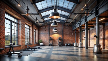 Industrial Gym Interior: A spacious gym with brick walls, industrial metal beams and large windows flooding the space with natural light, embodying a modern aesthetic.