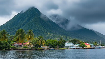 A scenic view of a mountainous landscape with lush greenery and colorful houses by the water.