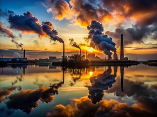 Fototapeta premium Industrial Panorama: A striking visual narrative, showcasing a sprawling industrial complex against a dramatic sunset sky with billows of smoke.