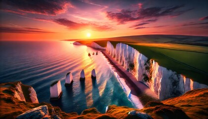 Seven sisters cliffs glowing orange at sunset with calm sea and dramatic sky