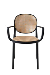 Modern black wooden armchair with woven rattan cane seat and backrest, stylish vintage-inspired furniture design isolated on white background.