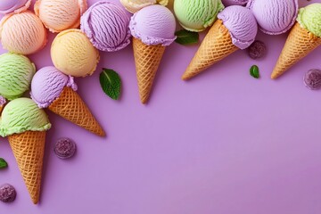 Pastel colored ice cream scoops and cones border on pastel violet background