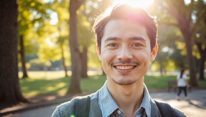 Smiling young man enjoying nature in sunny park setting  