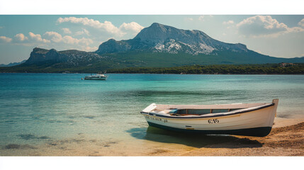 A serene beach scene featuring a boat, clear water, and a mountainous backdrop.