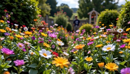 Melodic Garden An enchanting garden filled with flowers, each representing a different vinyl record, in a lush and colorful setting.